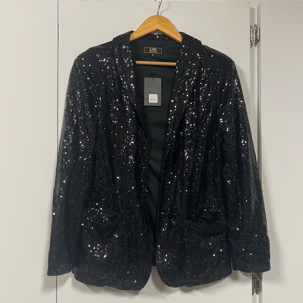 New - L&B Shimmering Black Sequin Blazer - Picture 2 of 6